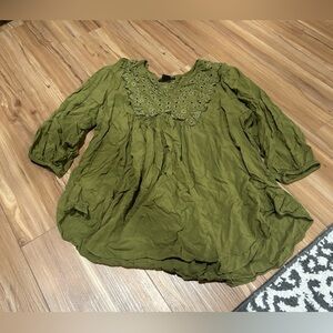 Grace Elements Olive Top with Detailed Embroidery Bohemian Blouse Size XL